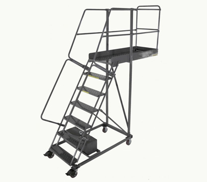 Pharmaceutical Supplies, Steel rolling ladder with platform, steel ladders, aluminum ladders, stainless steel ladders, step stools, Ballymore Ladders in Houston, Texas